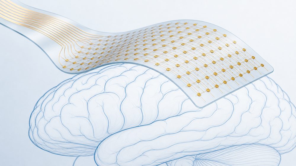 Illustration of an electrode array over a stylised brain outline
