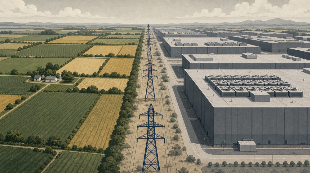 Overhead view of a landscape divided between farmland and industrial buildings