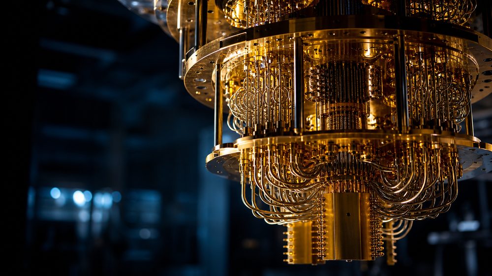 Close-up of a gold-plated quantum computer dilution refrigerator assembly