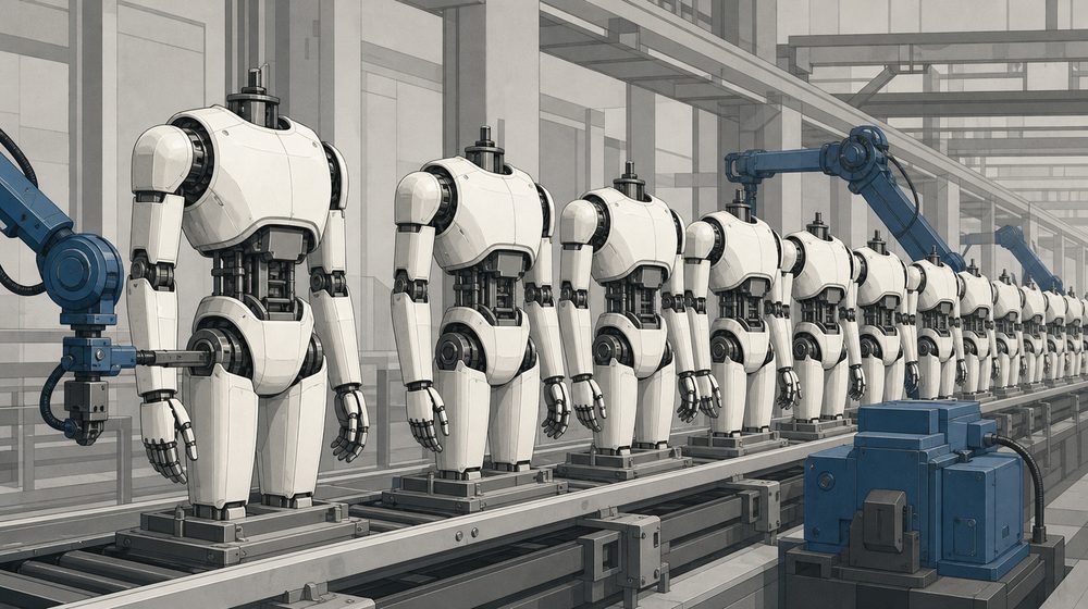 Humanoid robot torsos on an assembly line