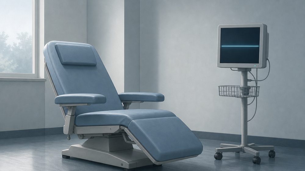 An empty clinic chair beside a monitor showing a flat neural trace