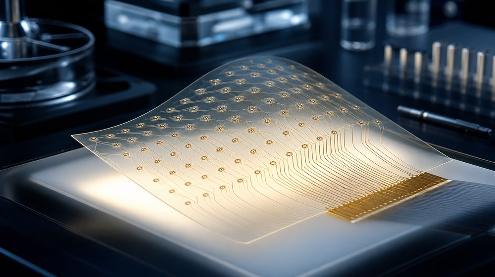 A thin-film electrode array lit from below in a laboratory