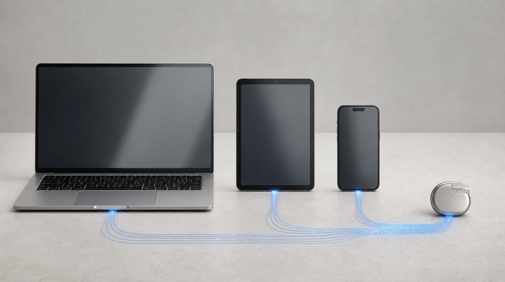 A laptop, tablet and phone connected by fine traces to a small implant