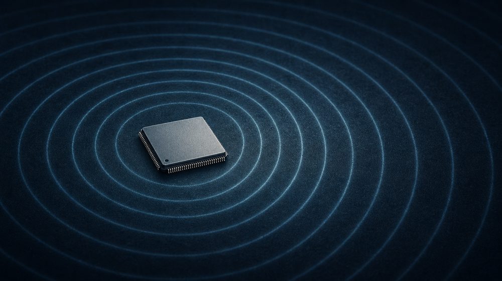 A silicon chip with concentric ultrasound wavefronts radiating from it